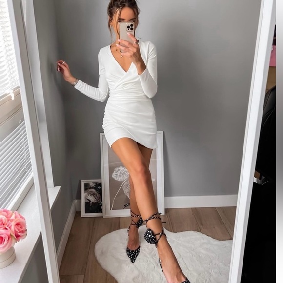 Zara white mini dress draped wrap long sleeve shower party wedding - Picture 4 of 9